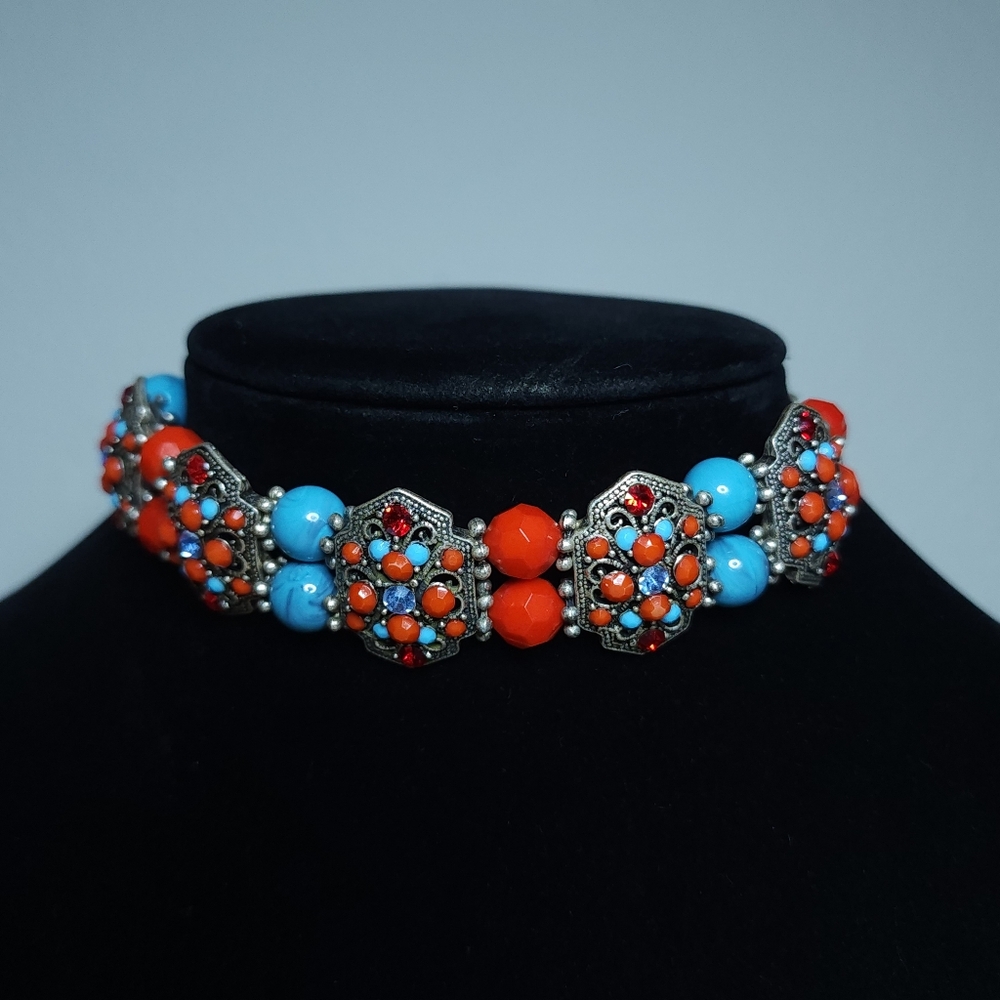 Vintage Southwest Style Choker Necklace Blue Red Beaded Rhinestone 16"